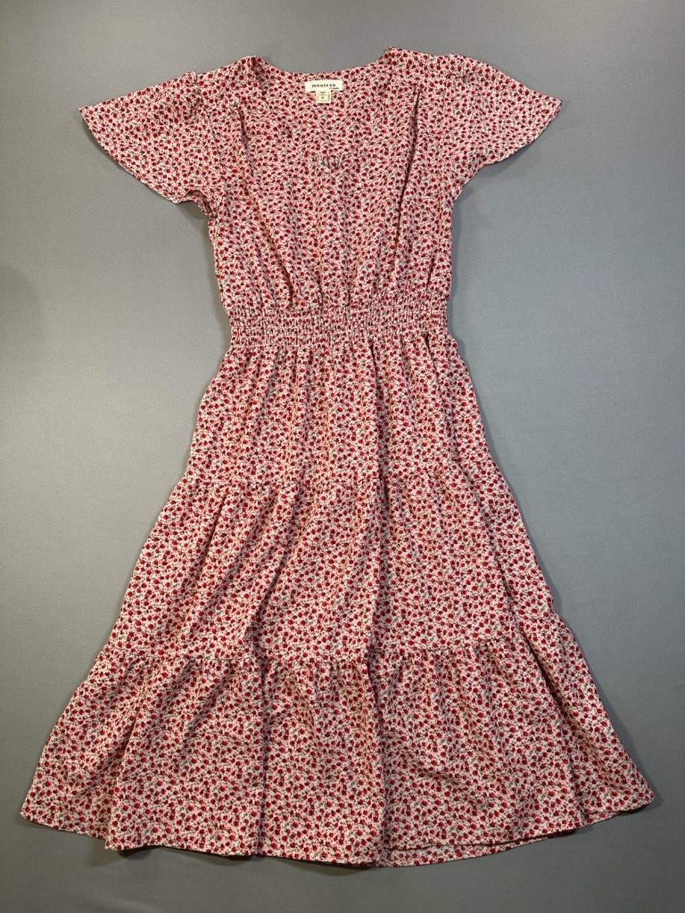 Monteau Ditsy Floral Tiered Midi Dress, Flutter Sleeves & Smocked Waist - Small